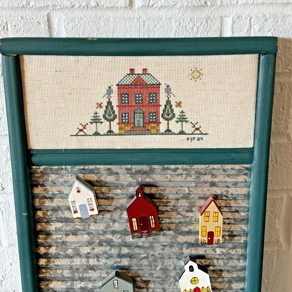 Vintage Washboard Wall Art Folk Cross Stitch 1989‎ House Magnets Cottage 24x12 - Picture 2 of 8